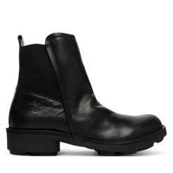 Botki Fly London. Czarne botki damskie Fly London, bez wzorów, bez obcasa, na słupku, bez zapięcia. Za 749.99 zł.
