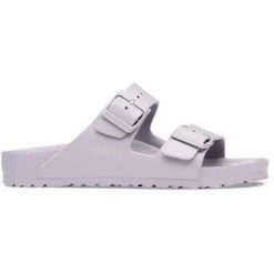 Klapki męskie Birkenstock Arizona. Fioletowe klapki męskie Birkenstock, bez wzorów, z materiału, bez zapięcia. Za 369.99 zł.