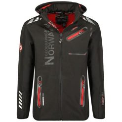 Męska turystyczna kurtka softshell GEOGRAPHICAL NORWAY ROYAUTE DB BLACK RED…. Czarne kurtki męskie Geographical Norway, l, z aplikacjami, z materiału, eleganckie, z kapturem. Za 259.00 zł.