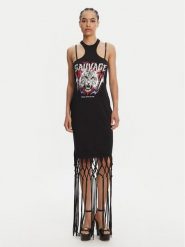 Versace Jeans Couture Sukienka codzienna Logo Fringes 78HAOE01 CJ02E Czarny Regular Fit. Czarne sukienki damskie Versace Jeans Couture, na co dzień, m, bez wzorów, z bawełny, bez kołnierzyka, bez ramiączek, proste. Za 729.99 zł.