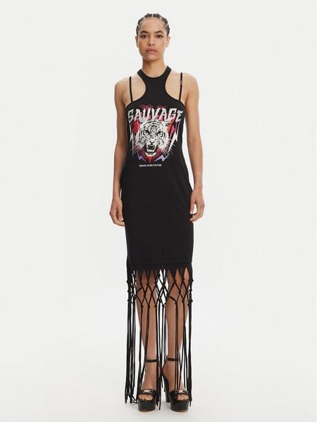 Versace Jeans Couture Sukienka codzienna Logo Fringes 78HAOE01 CJ02E Czarny Regular Fit. Czarne sukienki damskie Versace Jeans Couture, na co dzień, m, bez wzorów, z bawełny, bez kołnierzyka, bez ramiączek, proste. Za 729.99 zł.