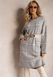 Szara Dzianinowa Sukienka Oversize z Naszytymi Kieszeniami w Kratę Deliuba. Szare sukienki damskie Renee, l, bez wzorów, z dzianiny, bez kołnierzyka, bez ramiączek, midi, oversize. Za 119.99 zł.