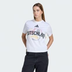 Koszulka Mistrzostwa Świata FIFA 26 Niemcy. Białe bluzki damskie Adidas, bez wzorów, sportowe, bez kołnierzyka, bez ramiączek. Za 129.00 zł.