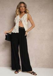 Czarne Spodnie Palazzo o Szerokim Kroju High Waist Ozdobione Wiązaniem Sonariella. Czarne spodnie materiałowe damskie Renee, bez wzorów, z jeansu, biznesowe, z podwyższonym stanem. Za 59.99 zł.