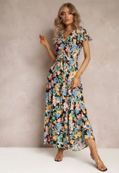 Czarna Rozkloszowana Sukienka Maxi w Kwiaty Moirane. Czarne sukienki damskie Renee, na imprezę, l, z aplikacjami, z materiału, bez kołnierzyka, bez ramiączek, maxi, rozkloszowane. Za 69.99 zł.