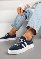 Granatowe Sneakersy Tenisówki ze Skóry Naturalnej na Niskiej Platformie Eleadria. Niebieskie trampki i tenisówki damskie Renee, bez wzorów, z jeansu, bez zapięcia. Za 159.99 zł.
