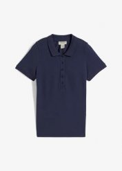 Koszulka polo z czystej bawełny organicznej piqué. Niebieskie bluzki damskie bonprix, bez wzorów, z bawełny, klasyczne, bez kołnierzyka, bez ramiączek. Za 47.99 zł.