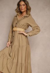 Ciemnobeżowa Wiskozowa Sukienka o Koszulowym Kroju z Paskiem z Klamrą Feluriela. Brązowe sukienki damskie Renee, na co dzień, l, bez wzorów, z wiskozy, eleganckie, bez kołnierzyka, bez ramiączek, maxi, kopertowe. Za 79.99 zł.