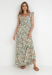 Miętowa Sukienka Euphora. Zielone sukienki damskie Born2be, na lato, l, z aplikacjami, eleganckie, bez kołnierzyka, bez ramiączek, maxi, rozkloszowane. Za 44.99 zł.