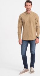 Ombre Męska koszula bawełniana REGULAR FIT z kieszenią - jasnobrązowa V2 OM-SHOS-0153 XL. Brązowe koszule męskie Ombre, m, bez wzorów, z bawełny, bez kołnierzyka, bez ramiączek. Za 139.99 zł.