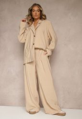 Beżowe Spodnie Low Waist z Modalu z Szeroką Nogawką Reanelira. Brązowe spodnie materiałowe damskie Renee, bez wzorów, z jeansu, eleganckie, z obniżonym stanem. Za 99.99 zł.