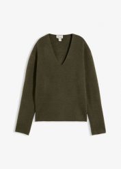 Sweter z dekoltem w serek. Zielone swetry nierozpinane damskie bonprix, bez wzorów, bez kołnierzyka, bez ramiączek. Za 109.99 zł.