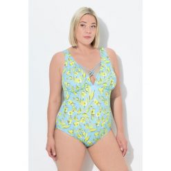 Damski Strój kąpielowy kwiaty miękkie miseczki ozdobne tasiemki. Niebieskie stroje kąpielowe damskie Ulla Popken, plus size, bez wzorów, z elastanu. Za 239.99 zł.