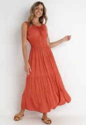 Czerwona Sukienka Abill. Czerwone sukienki damskie Born2be, na lato, l, bez wzorów, boho, bez kołnierzyka, bez ramiączek, maxi. Za 79.99 zł.