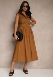 Brązowa Sukienka Koszulowa z Bawełny Ozdobiona Kieszonkami Saviette. Brązowe sukienki damskie Renee, na co dzień, m, bez wzorów, z bawełny, eleganckie, bez kołnierzyka, bez ramiączek, maxi, koszulowe. Za 99.99 zł.