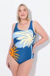 Damskie Strój kąpielowy palmy bez miękkich miseczek okrągły dekolt. Niebieskie stroje kąpielowe damskie Ulla Popken, plus size, bez wzorów, z elastanu. Za 159.99 zł.
