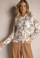 Beżowa Wiskozowa Koszula w Kwiatowy Print z Bufiastymi Rękawami Hanistrae. Brązowe koszule damskie Renee, l, w ażurowe wzory, z jeansu, eleganckie, bez kołnierzyka, bez ramiączek. Za 89.99 zł.