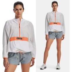 Kurtka sportowa damska UNDER ARMOUR Rush Woven z kapturem. Białe kurtki sportowe damskie Under Armour, l, bez wzorów, bez ramiączek, z kapturem. Za 239.99 zł.