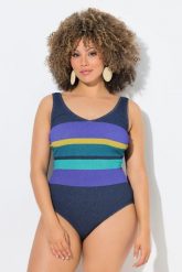 Damskie Strój kąpielowy paski bez miękkich miseczek okrągły dekolt. Niebieskie stroje kąpielowe damskie Ulla Popken, plus size, bez wzorów, z bawełny. Za 191.99 zł.