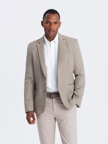 Męska elegancka marynarka z dekoracyjnymi guzikami na mankietach - beżowa V3. Brązowe garnitury męskie Ombre Clothing, m, bez wzorów, z poliesteru, eleganckie, bez kołnierzyka, bez ramiączek. W wyprzedaży za 149.99 zł.