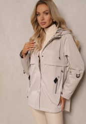 Jasnobeżowa Kurtka Typu Parka z Troczkami w Talii Kapturem i Kieszeniami Kaivara. Brązowe kurtki damskie Renee, l, bez wzorów, z materiału. Za 299.99 zł.