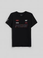 4F T-shirt slim z nadrukiem męski - czarny M. Czarne t-shirty męskie 4F, m, bez wzorów, z bawełny, bez kołnierzyka, bez ramiączek. Za 79.99 zł.