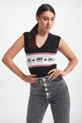 Top damski dzianinowy CHIARA FERRAGNI. Topy damskie Chiara Ferragni, l, bez wzorów, z dzianiny, bez kołnierzyka, bez ramiączek. W wyprzedaży za 541.17 zł.