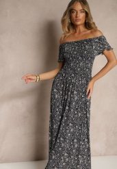 Granatowa Kwiatowa Sukienka z Bufiastymi Rękawami Lumorelle. Niebieskie sukienki damskie Renee, na co dzień, m, bez wzorów, eleganckie, bez kołnierzyka, bez ramiączek, maxi. Za 49.99 zł.