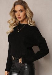 Czarny Sweter w Ozdobny Splot z Kaszmirem Habeni. Czarne swetry nierozpinane damskie Renee, na zimę, l, bez wzorów, z kaszmiru, casualowe, bez kołnierzyka, bez ramiączek. Za 54.99 zł.