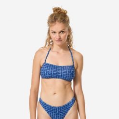 Góra kostiumu kąpielowego damska Decathlon Lori Keyshot. Niebieskie bikini Decathlon, bez wzorów, z elastanu. Za 39.99 zł.