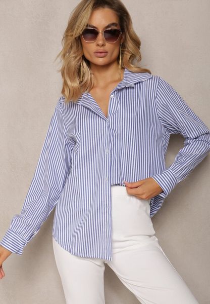 Granatowo-Biała Koszula o Klasycznym Fasonie z Guzikami w Paski Adetia. Niebieskie koszule damskie Renee, bez wzorów, z jeansu, klasyczne, bez kołnierzyka, bez ramiączek. Za 89.99 zł.