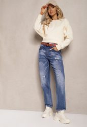 Niebieskie Jeansy z Bawełny Ozdobione Paskiem i Przetarciami Fronzina. Niebieskie jeansy damskie Renee, bez wzorów, z bawełny, eleganckie, długie. Za 119.99 zł.