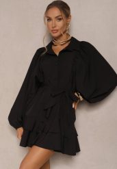 Czarna Rozkloszowana Sukienka z Falbanami i Paskiem Divanessa. Czarne sukienki damskie Renee, na co dzień, m, bez wzorów, z materiału, bez kołnierzyka, bez ramiączek, mini, proste. Za 89.99 zł.