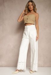Białe Szerokie Spodnie z Bawełny High Waist z Ozdobnym Paskiem Nerraza. Białe spodnie materiałowe damskie Renee, na lato, bez wzorów, z bawełny, eleganckie, z podwyższonym stanem. Za 149.99 zł.