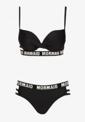 Czarne Bikini z Supełkiem na Biustonoszu z Ozdobnymi Paseczkami i Napisami Bibalia. Czarne bikini Renee, bez wzorów. Za 49.99 zł.
