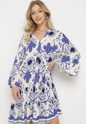 Niebieska Wiskozowa Sukienka o Rozkloszowanym Kroju w Ornamentalny Wzór Pasluna. Niebieskie sukienki damskie Born2be, na co dzień, l, bez wzorów, z jeansu, eleganckie, bez kołnierzyka, bez ramiączek, mini, rozkloszowane. Za 99.99 zł.