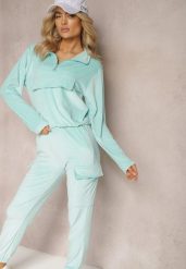 Jasnoniebieski Komplet Dresowy Welurowy z Kieszeniami z Klapami Bluza i Spodnie Amarillis. Niebieskie bluzy damskie Renee, m, bez wzorów, z dresówki, bez ramiączek, bez kaptura. Za 69.99 zł.