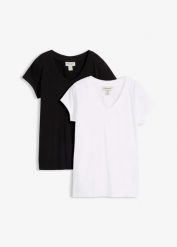 T-shirt z czystej bawełny organicznej (2 szt.). Czarne t-shirty damskie bonprix, bez wzorów, z bawełny, bez kołnierzyka, bez ramiączek. Za 64.99 zł.