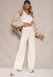 Jasnobeżowe Spodnie z Bawełną o Szerokim Kroju High Waist Efleria. Brązowe spodnie materiałowe damskie Renee, na lato, bez wzorów, z bawełny, eleganckie, z podwyższonym stanem. Za 49.99 zł.