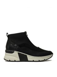 Rieker Botki N6352-00 Czarny. Czarne botki damskie Rieker, bez wzorów, z materiału, bez obcasa, na koturnie, bez zapięcia. Za 229.99 zł.