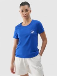 4F T-shirt regular z nadrukiem damski - niebieski XS. Niebieskie t-shirty damskie 4F, xs, bez wzorów, z bawełny, klasyczne, bez kołnierzyka, bez ramiączek. W wyprzedaży za 29.99 zł.