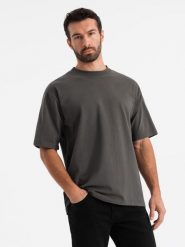 Męski t-shirt bawełniany LOOSE FIT z okrągłym dekoltem – szarozielony V3. Zielone t-shirty męskie Ombre Clothing, l, bez wzorów, z bawełny, bez kołnierzyka, bez ramiączek. W wyprzedaży za 97.49 zł.