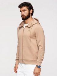 Rozpinana bluza męska z kapturem z gładkiej dzianiny - beżowa V3 - Rozmiar: XL. Brązowe bluzy sportowe męskie Ombre Clothing, m, bez wzorów, z dzianiny, z kapturem, trekkingowe. W wyprzedaży za 160.99 zł.