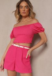 Różowe Szorty z Bawełną High Waist w Klasycznym Stylu Sefore. Czerwone szorty damskie Renee, bez wzorów, z bawełny, klasyczne, z podwyższonym stanem. Za 44.99 zł.
