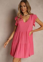 Różowa Bawełniana Sukienka Rozkloszowana z Falbankami Mirlio. Czerwone sukienki damskie Renee, na co dzień, l, bez wzorów, z bawełny, eleganckie, bez kołnierzyka, bez ramiączek, mini, kopertowe. Za 39.99 zł.