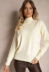 Jasnobeżowy Golf Sweter z Tłoczeniem i Ściągaczami Melovira. Brązowe swetry nierozpinane damskie Renee, na zimę, bez wzorów, bez kołnierzyka, bez ramiączek. Za 99.99 zł.