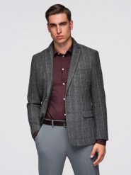 Elegancka męska marynarka w kratkę z domieszką wełny – szara V1 - Rozmiar: M. Szare marynarki męskie Ombre Clothing, m, bez wzorów, z materiału, eleganckie, bez kołnierzyka, bez ramiączek. W wyprzedaży za 314.99 zł.