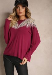Fioletowy Sweter z Wiskozą Ozdobiony Koralikami i Cekinami Nevarita. Fioletowe swetry nierozpinane damskie Renee, na zimę, m, bez wzorów, z wiskozy, casualowe, bez kołnierzyka, bez ramiączek. Za 89.99 zł.