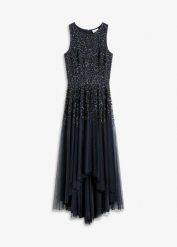 Sukienka z dłuższym tyłem z haftem z cekinów. Niebieskie sukienki damskie bonprix, bez wzorów, eleganckie, bez kołnierzyka, bez ramiączek. Za 349.99 zł.