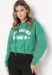 Zielona Bluza z Napisem i Kapturem Sallis. Zielone bluzy damskie Born2be, l, bez wzorów, z jeansu, casualowe, bez ramiączek. Za 64.99 zł.